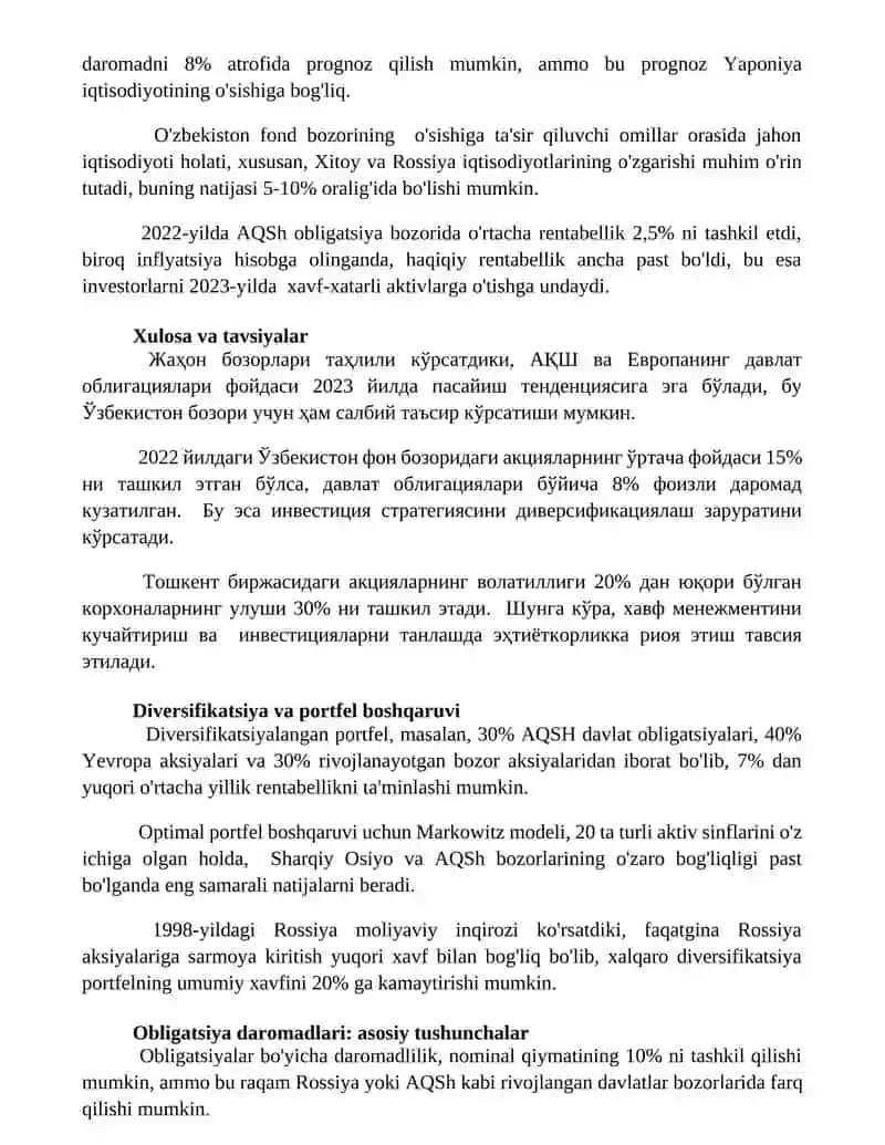 Aksiya va obligasiyalar daromadlari va ularni tahlili 3