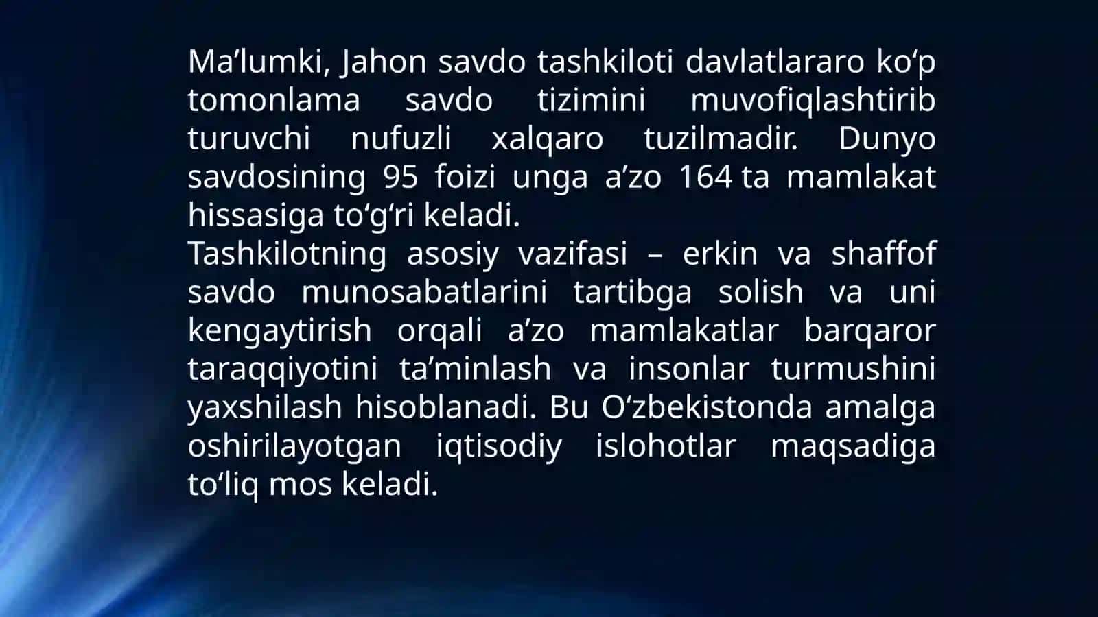 O‘zbekiston Respublikasining Butunjahonsavdotashkilotiga azobo’lib kirish masalalari 3