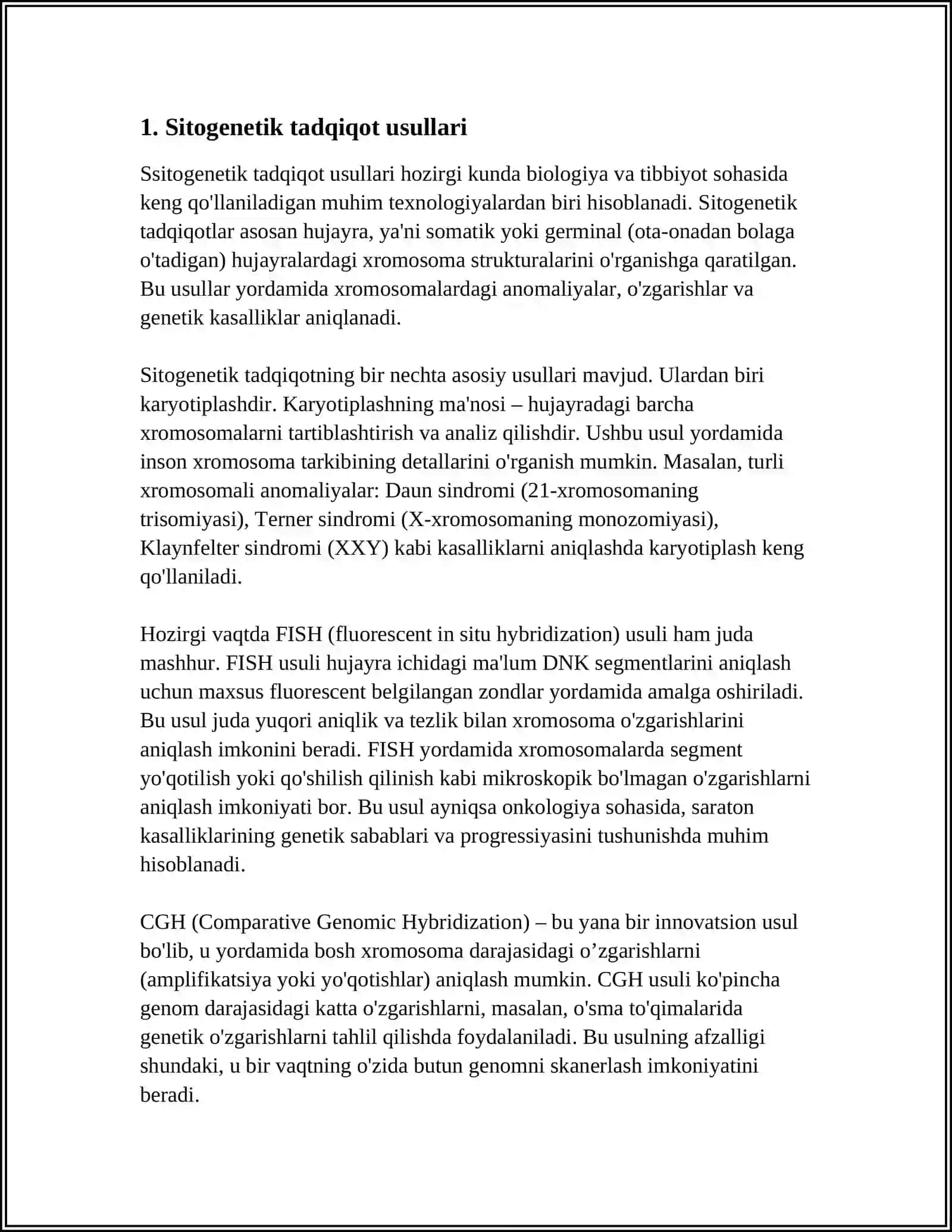Odam genetikasining oʻrganish usullari: Sitogenetik, Dermatoglifyka Biokimyoviy. Prenatal Diagnostika 3