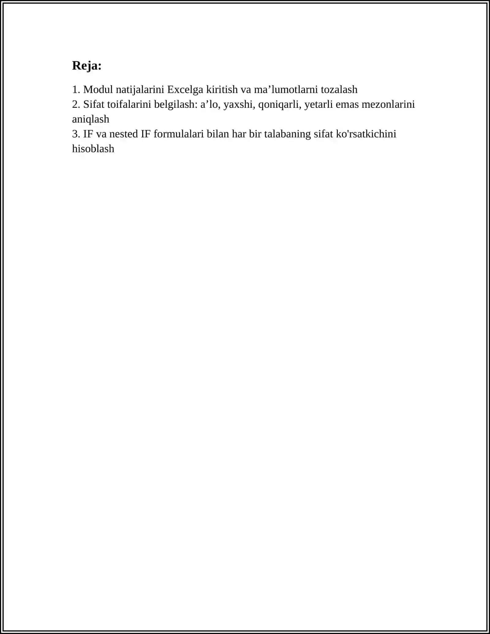 EXCEL DASTURIDA GURUH TALABALARINING MODUL BOʻYICHA OʻZLASHTIRISH KOʻRSATKICHI SIFAT KOʻRSATKICHLARINI HISOBLASH VA JADVAL TUZISH NATIJALAR ASOSIDA DIAGRAMMALAR YARATISH 3