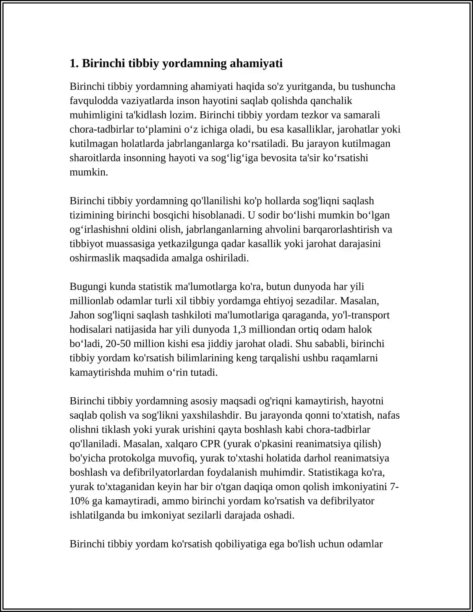 JAROHATLANISH O'CHOQLARIDA BIRINCHI UMUMIY, BIRINCHI TIBBIY VA BIRINCHI SHIFOKORLIK YORDAMINI TASHKIL QILISH 3