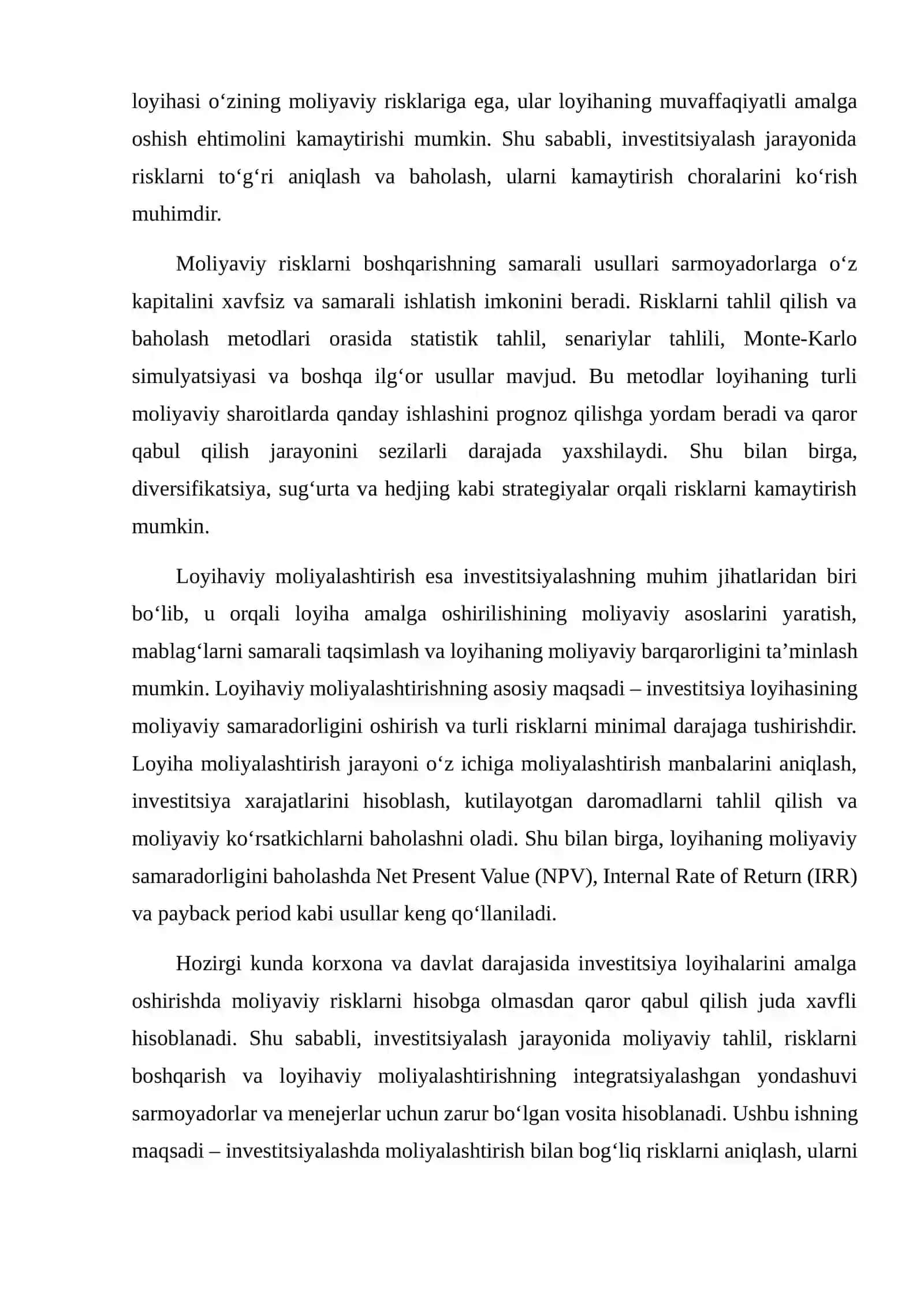 INVESTITSIYALASHDA MOLIYALASHTIRISH BILAN BOG‘LIQ RISKLAR VA INVESTITSIYALARNI LOYIHAVIY MOLIYALASHTIRISH 3