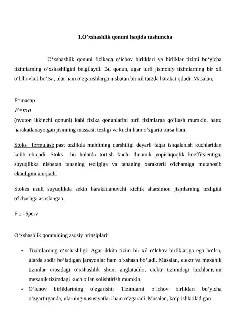 O‘xshashlik qonuni. Stoks formulasi. Gidrodinamik beqarorlik. Turbulent va laminar oqim 3