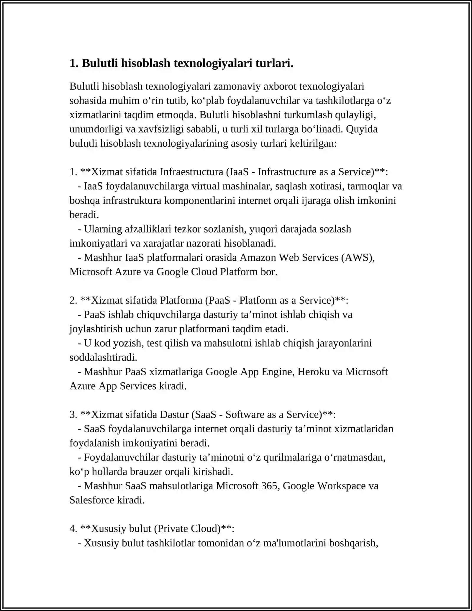 MUSTAQIL ISH Mavzu: BULUTLI YECHIMLAR (SAAS) VA BULUTLI INFRATUZILMASI(IAAS).RAQAMLI PLATFORMALAR (PAAS) 3