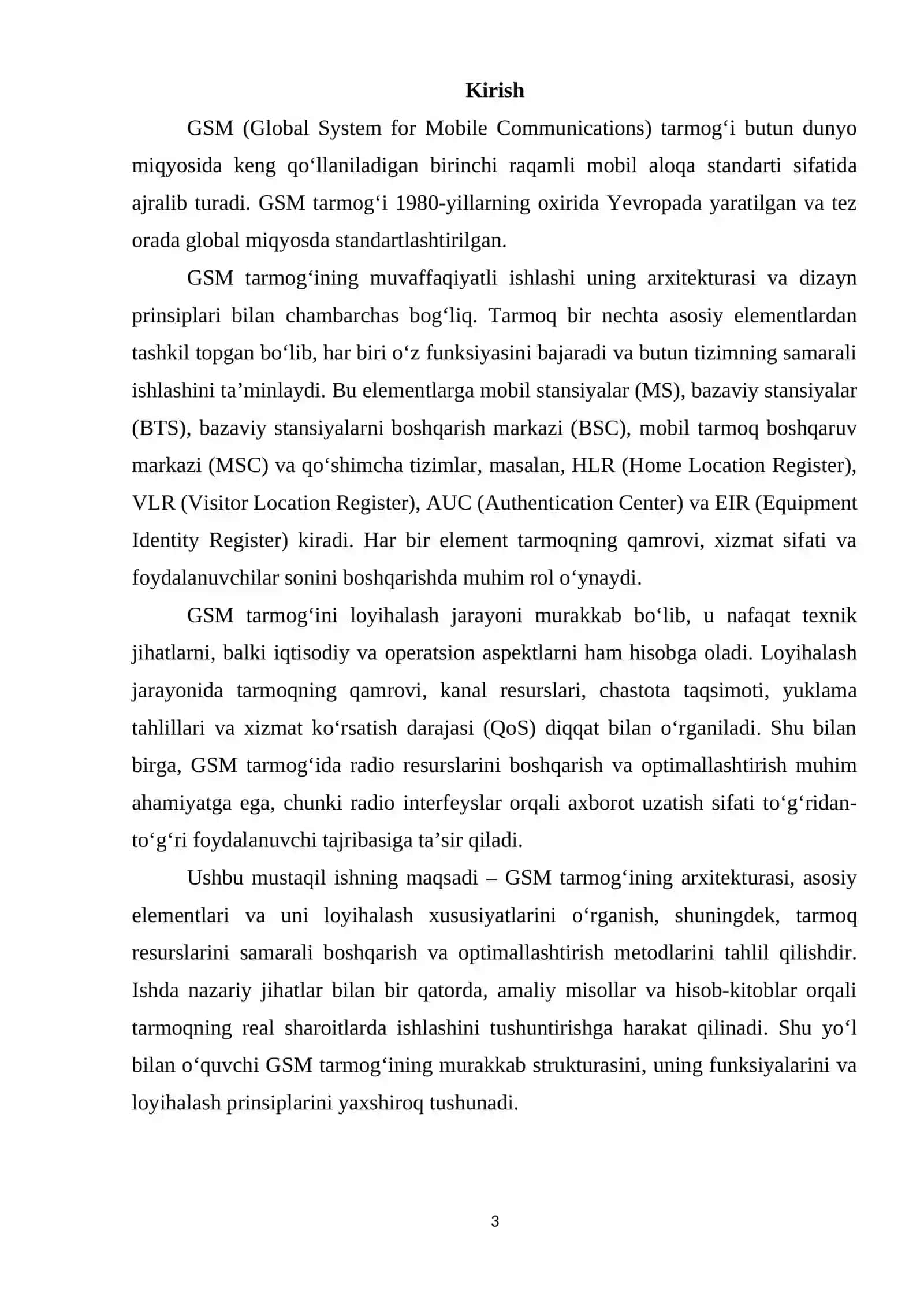 GSM tarmog‘i arxitekturasi va uni loyihalash xususiyatlari 3