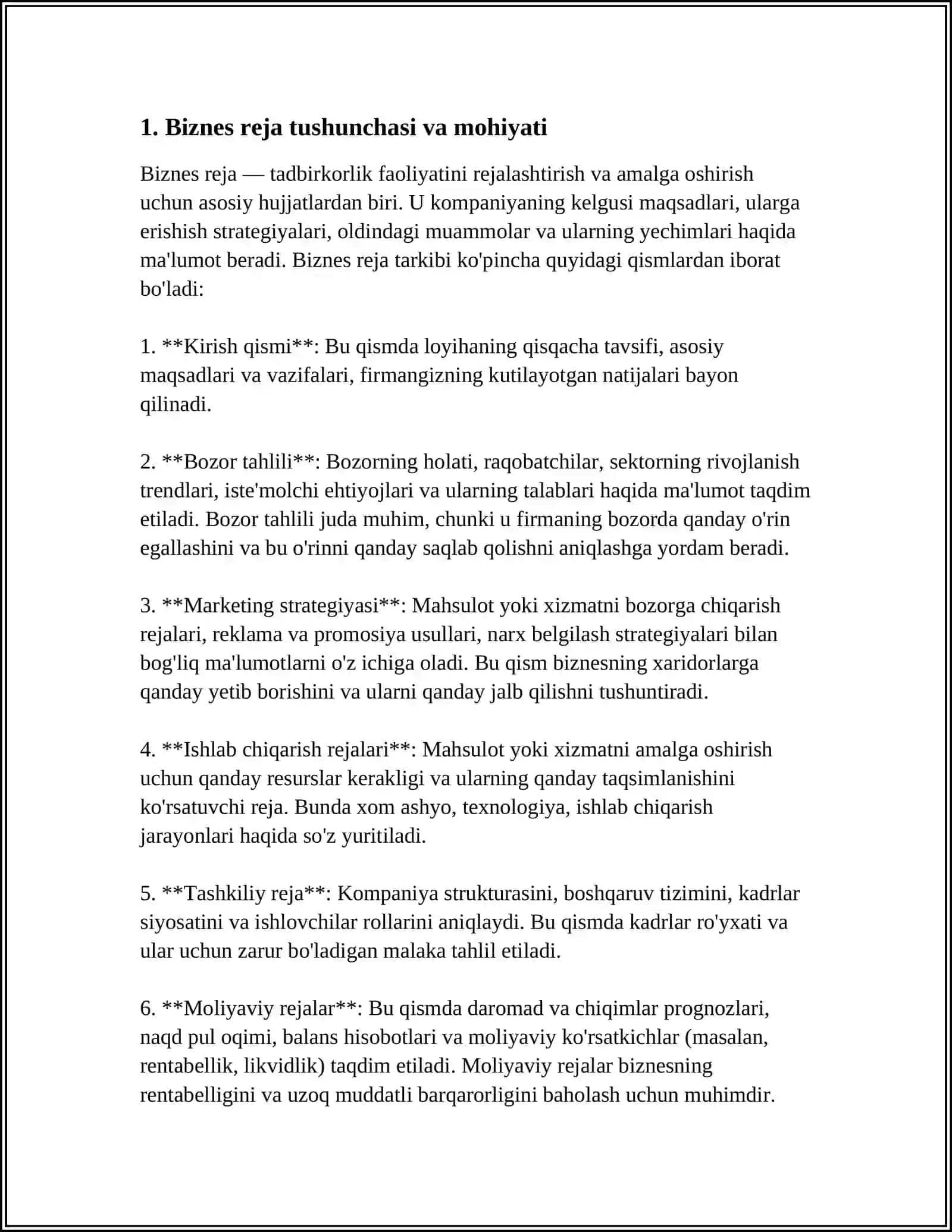 BIZNES REJA - KICHIK BIZNES VA TADBIRKORLIK FAOLIYATINING ASOSI SIFATIDA 3