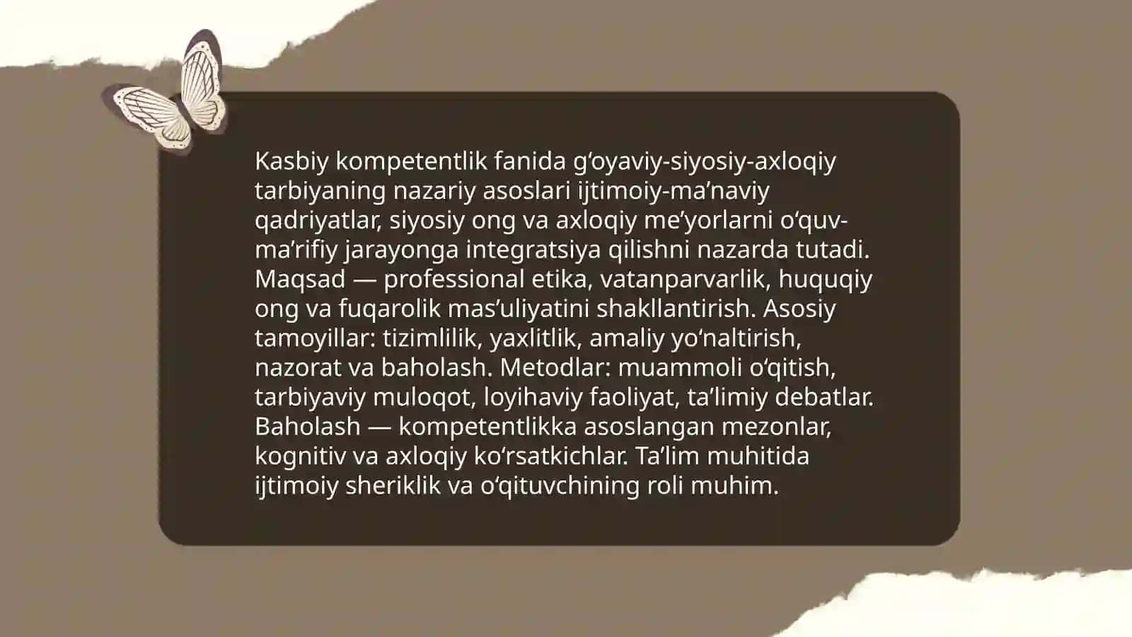 Kasbiy kompetentlik fanining mazmunida tarbiyaviy jarayonda g‘oyaviy-siyosiy-axloqiy tarbiyani tashkil etish 3