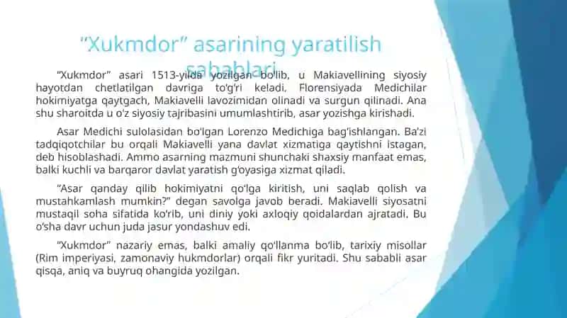 Makiavellining "Xukmdor" asari haqida 3