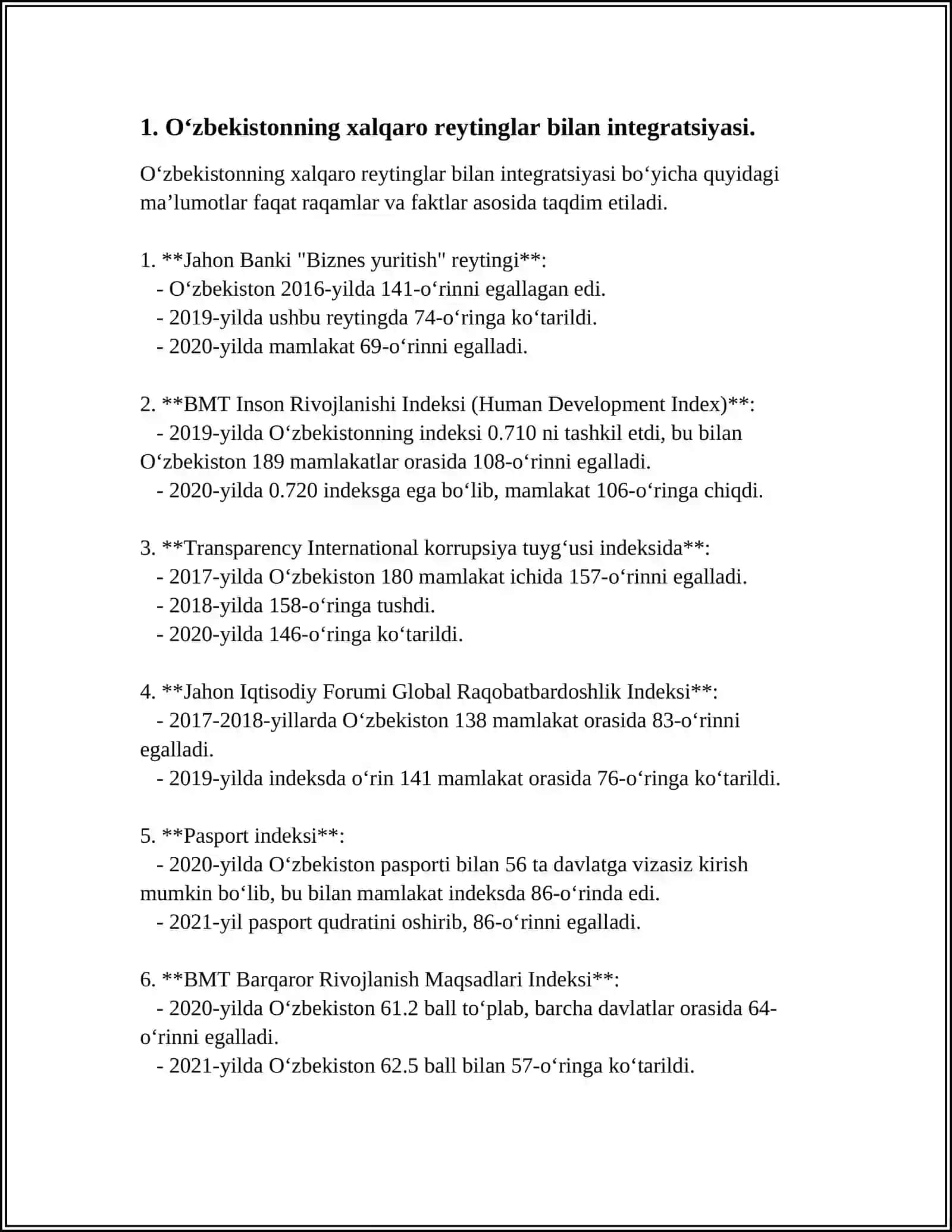 SIYOSIY-HUQUQIY SOHADAGI USTUVOR XALQARO REYTINGLAR VA ULARGA O‘ZBEKISTONING INTEGRATSIYALASHUVI 3