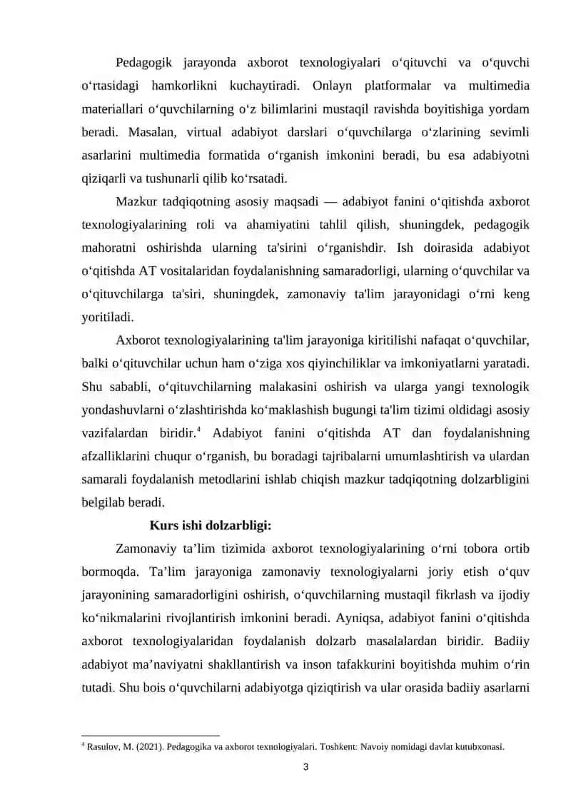 Adabiyot fanini òqitishda axborot texnologiyalaridan foydalanish pedagogik mahoratni oshirish omili 3