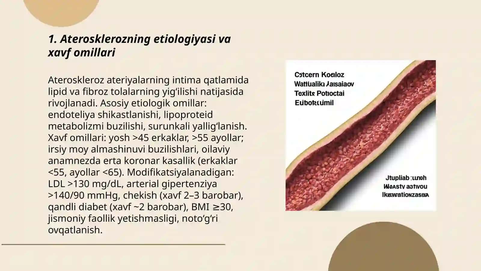 Ateroskleroz kasallikning etiologiyasi patogenezi Etiologiyasi patologik anatomiyasi tasnifi kilinkasi tekshirish usullari oʻrganish labarator tahlillar natijalarni va instrumental tekshiruv usullari 3