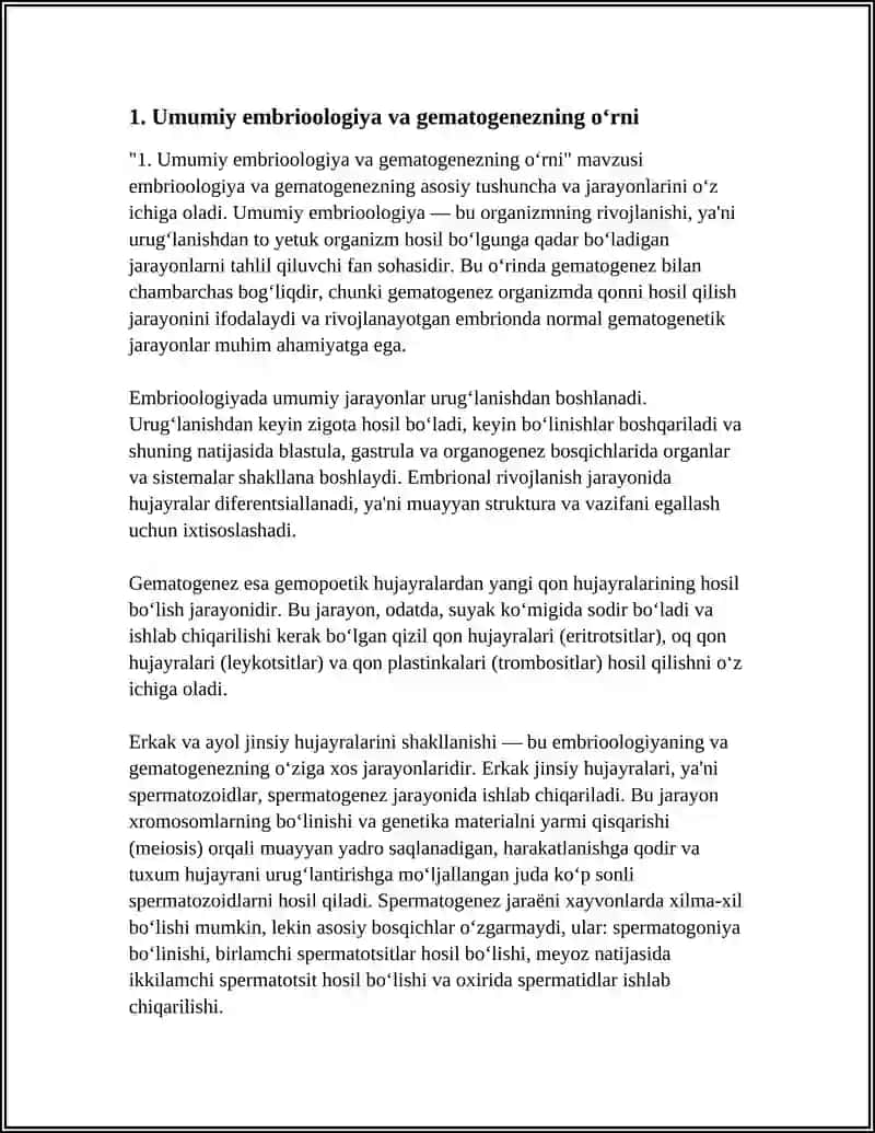 UMUMIY EMBRIOLOGIYA ASOSLARI. GEMATOGENEZ: SPERMATOGENEZ VA OVOGENEZ, AYOL VA ERKAK JINSIY HUJAYRALARINIG TUZILISHI, VAZIFALARI 3