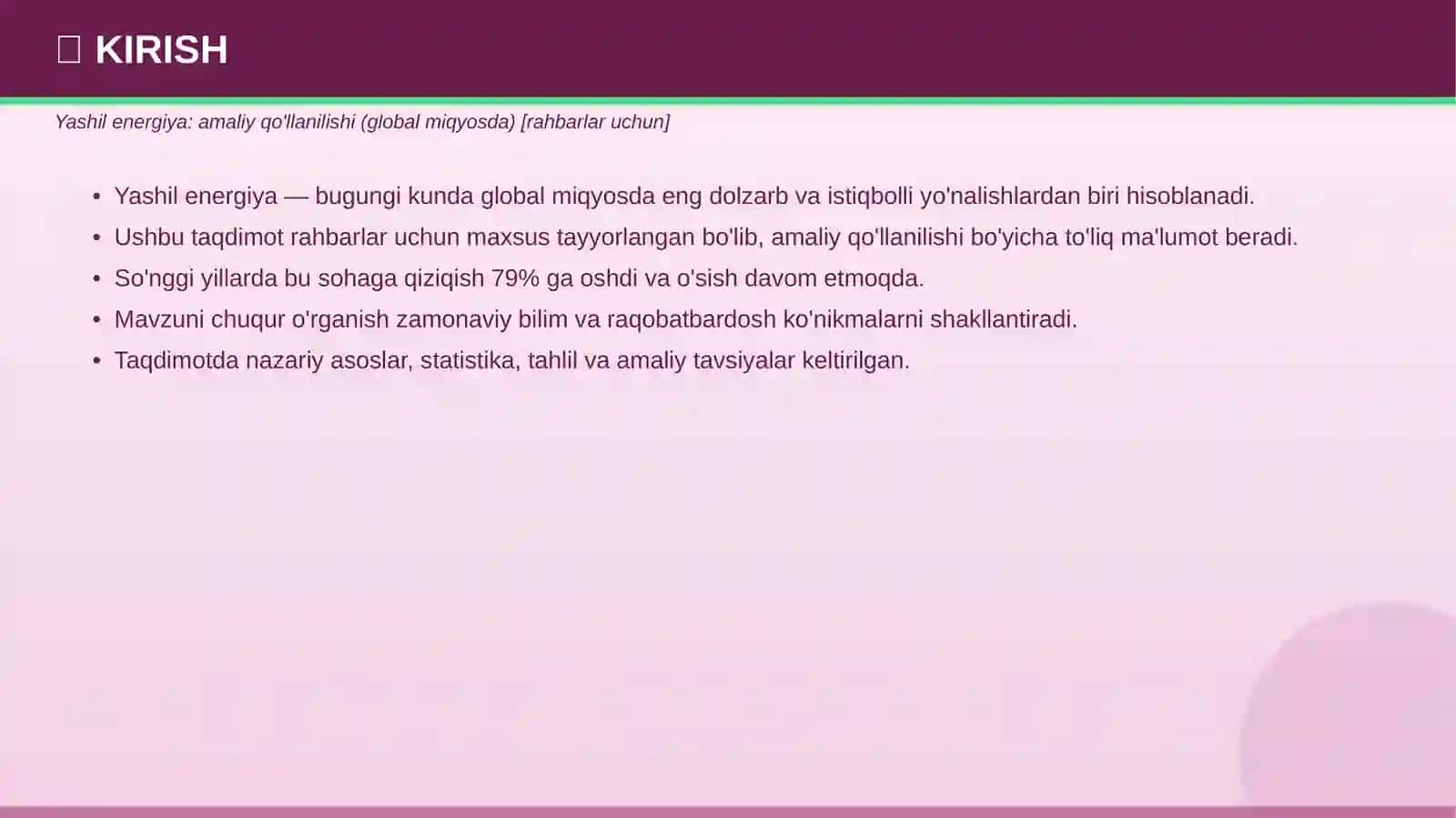 Yashil energiya: amaliy qo'llanilishi (global miqyosda) 3