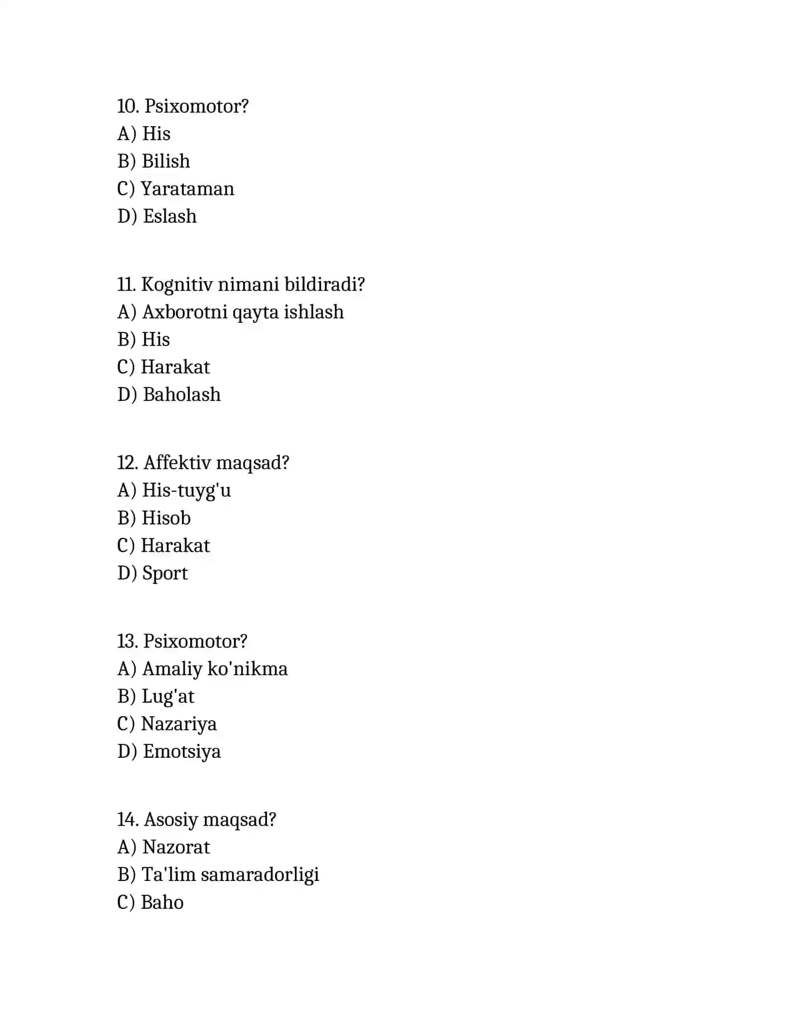 Blum taksonomiyasi bo'yicha test 3