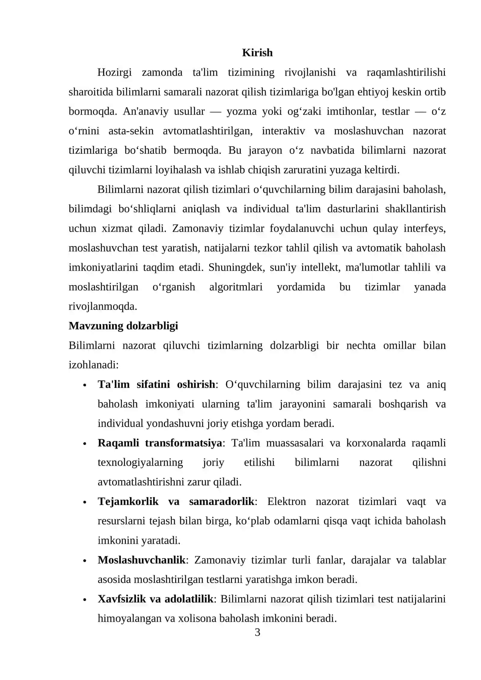 BILIMLARNI NAZORAT QILUVCHI TIZIMLAR LOYIHASINI LOYIHALASHTIRISH VA ISHLAB CHIQISH. 3
