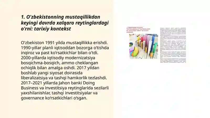 O'zbekistonning xalqaro reytinglardagi ko'rsatkichini ko'tarishning tarixiy va siyosiy ahamiyati 3