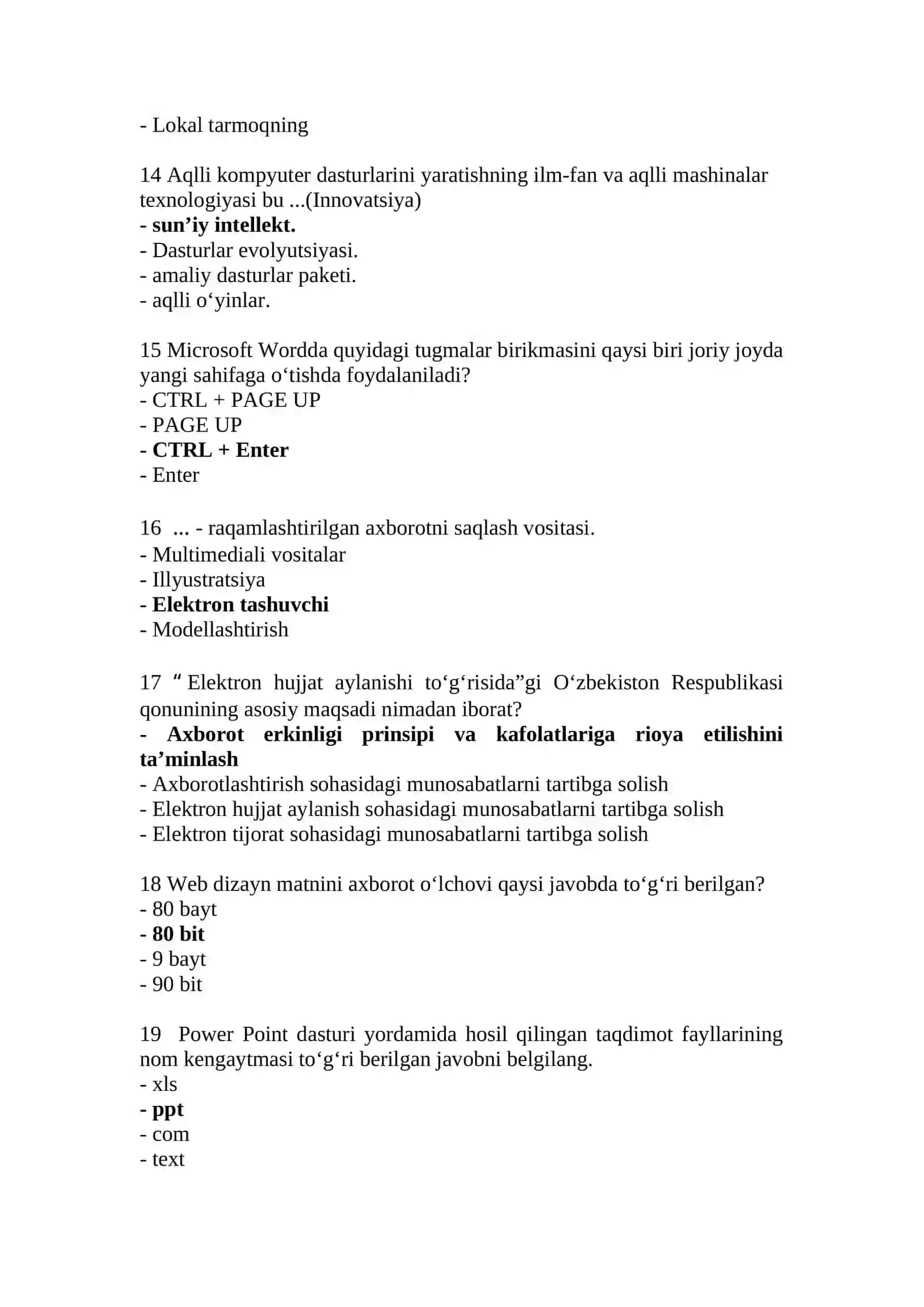 Axborot kommunikatsiya texnologiyalari bo’yicha test savollari (javoblari bilan birga) 3