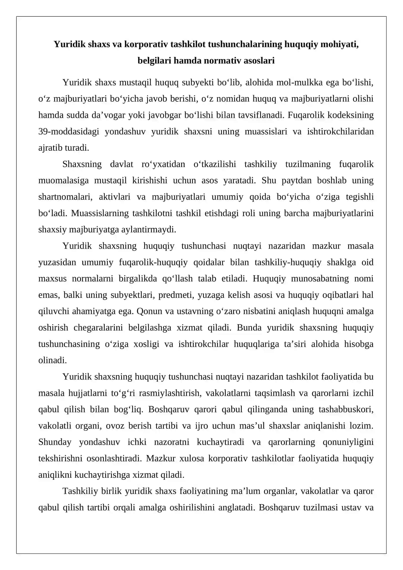 Yuridik shaxs va korporativ tashkilot tushunchalari: xo‘jalik jamiyatlari va shirkatlarining umumiy hamda farqli jihatlari 3