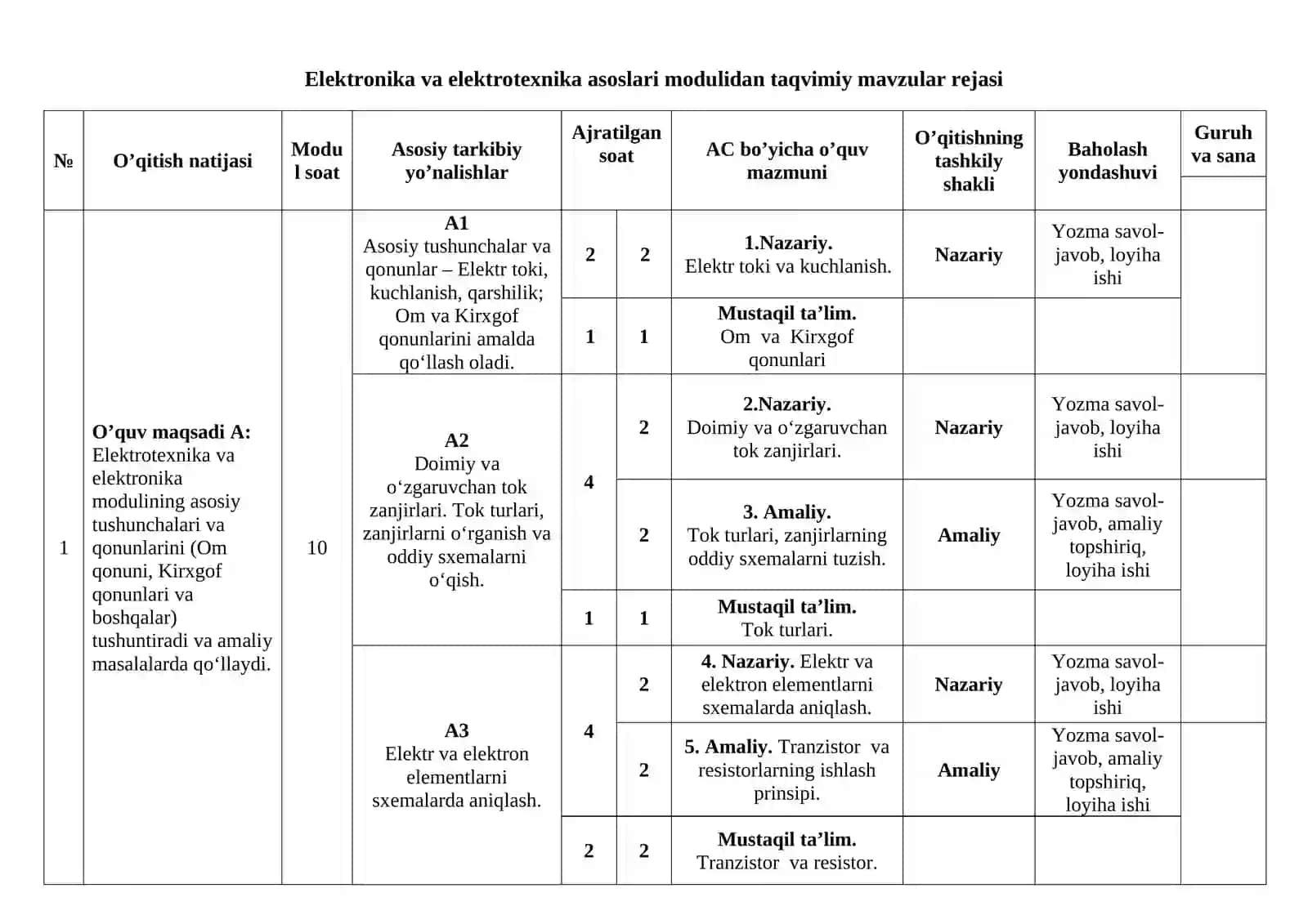 Texnikum Elektrotexnika fani Agro servis texnigi yo'nalishi uchun taqvim 3