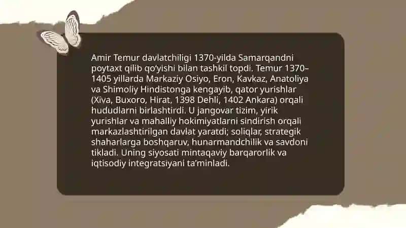 Amir Temur davlatchiligi Oʻrta Osiyoning davlatlarga boʻlinib ketishi uning sabab va qoibatlari 3