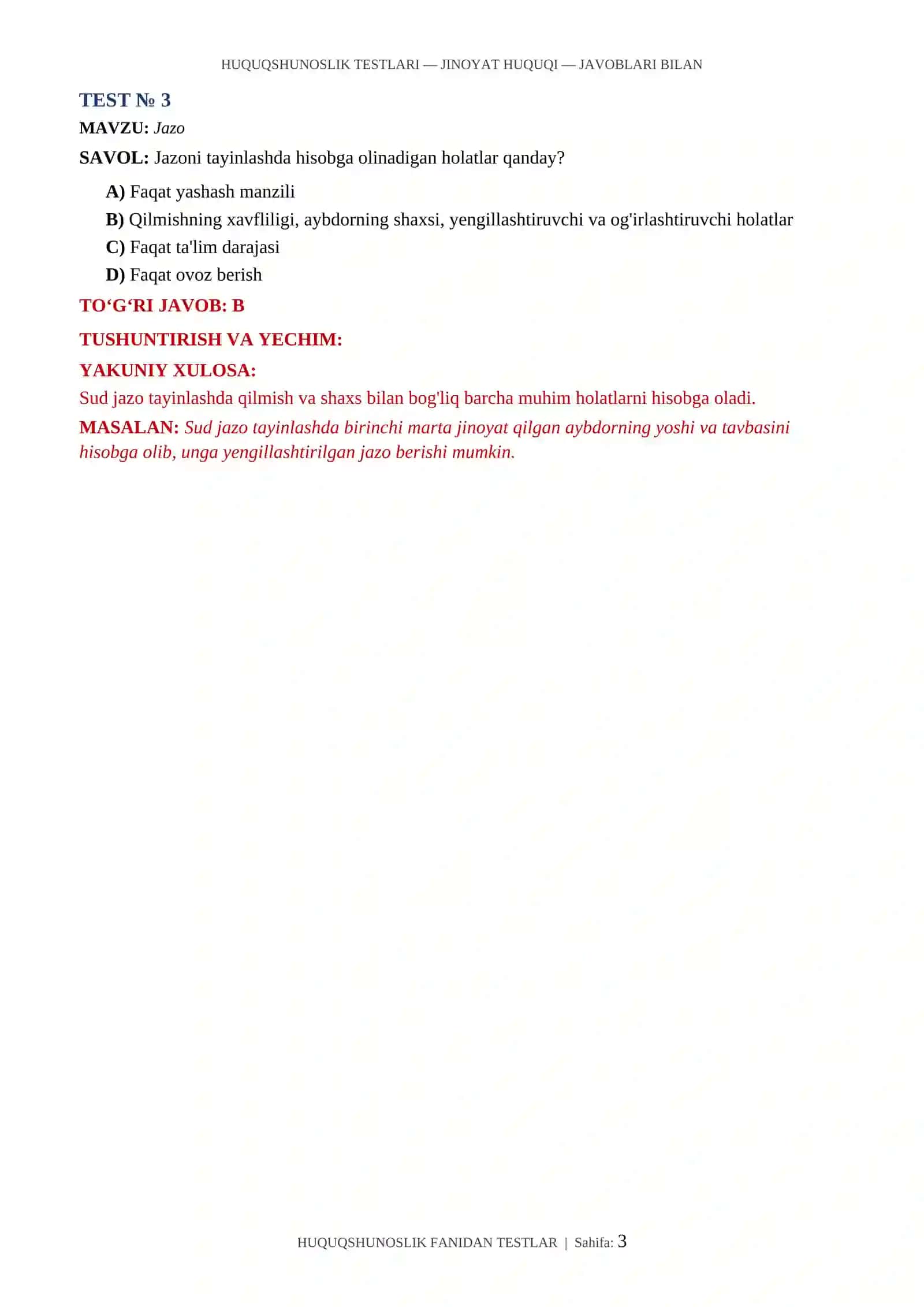 HUQUQSHUNOSLIK TESTLARI — JINOYAT HUQUQI — JAVOBLARI BILAN 3