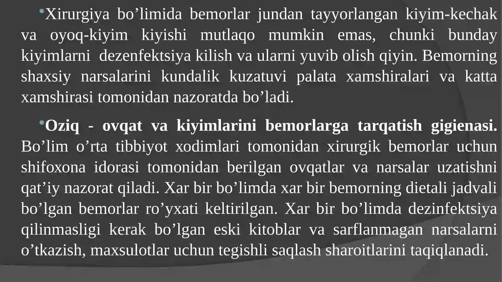 Xirurgiya bo’limida sanitar – epidemiologik tartib.Bemor gigiyenasi. Bemorning shaxsiy gigiyenasi Shifoxona ichi infeksiyasini oldini olish 3