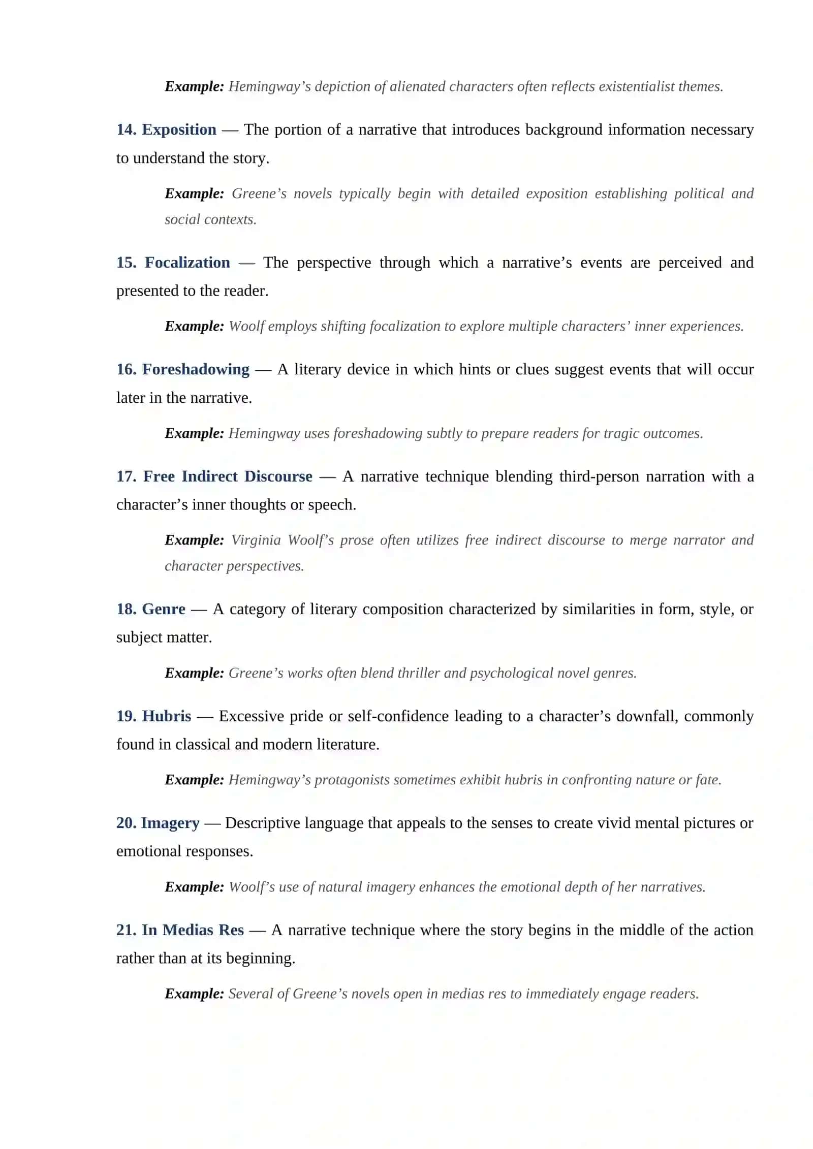 Glossary of Literary Terms Related to Virginia Woolf, Graham Greene, and Ernest Hemingway 3