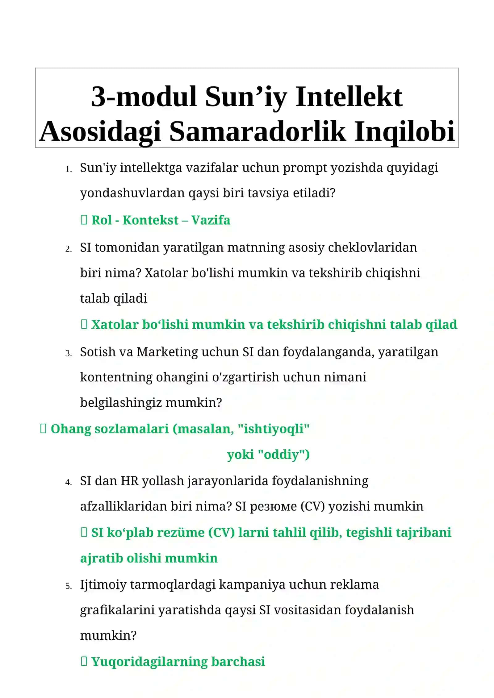 5 million su'niy intelekt yetakchilari javoblari. Hamma modul va yakuniy test javoblari 3