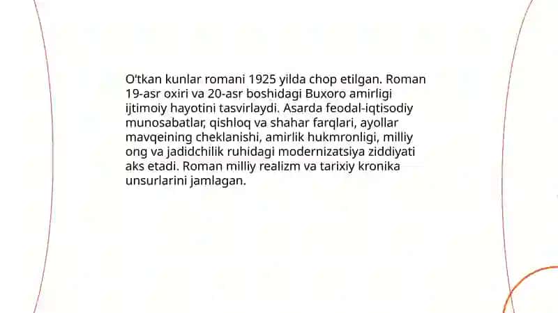 A.Qodiriyning "Oʻtkan kunlar "romani, "Uloqda " hikoyasi, "Kalvak Mahzumning xotira daftaridan "," Toshpo'lat tajang nima deydi " kabi hajviyalari mutolaasi 3