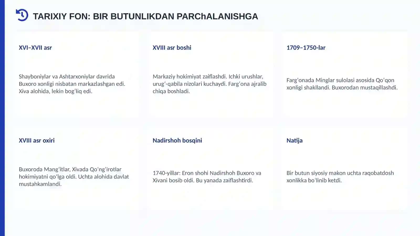 Oʻrta Osiyoning xonliklarga bo'linib ketishi, uning sabab va oqibatlari 3