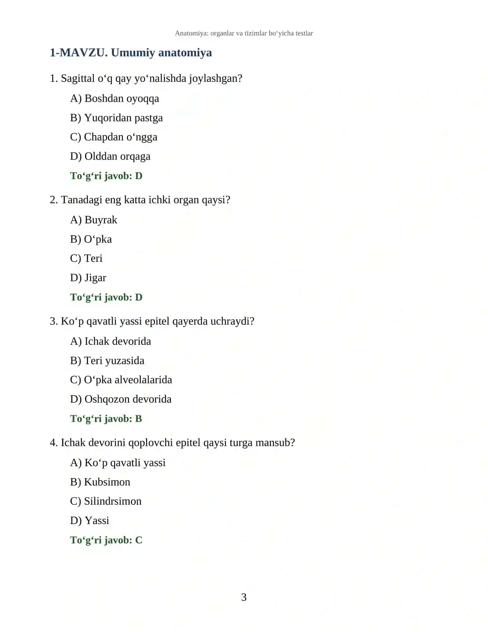 Anatomiya: organlar va tizimlar bo‘yicha testlar 3