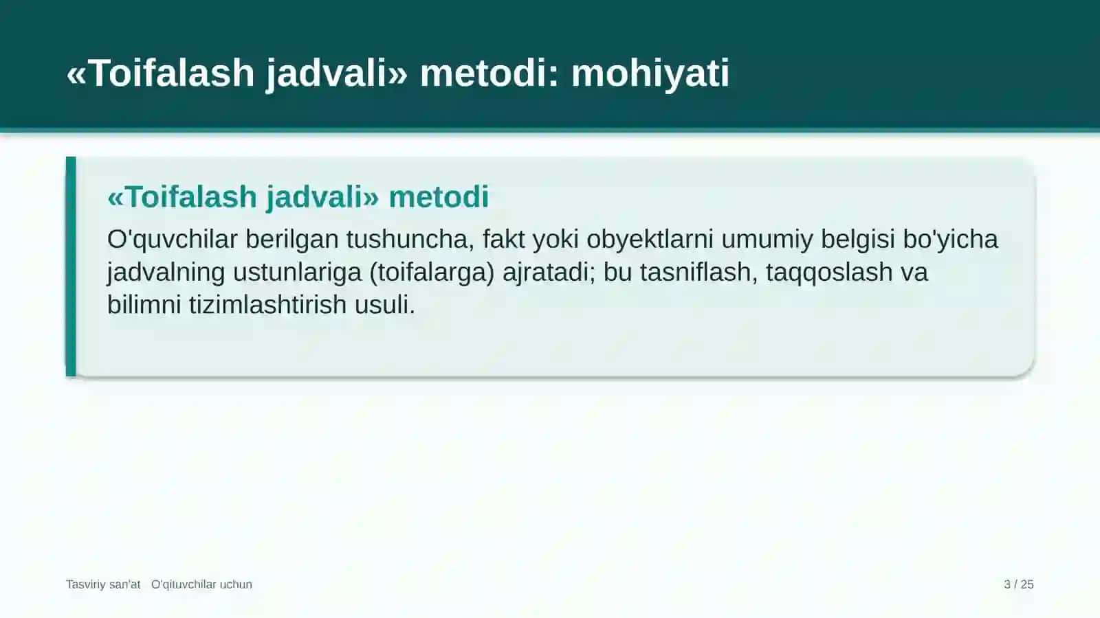 tasviriy san'at darslarida toifalash jadvali metodidan foydalanish 7675 3