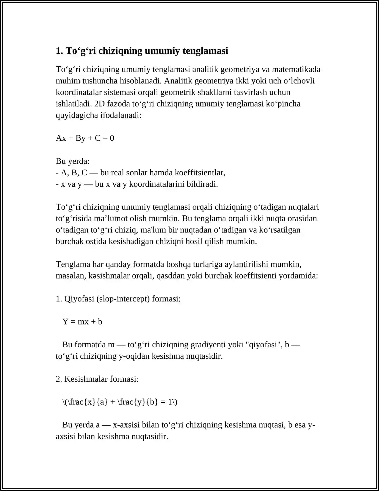 TEKISLIKDA TOʻGʻRI CHIZIQNING UMUMIY TENGLAMASI VA UNING TURLI XUSUSIY KOʻRINISHLARI 3
