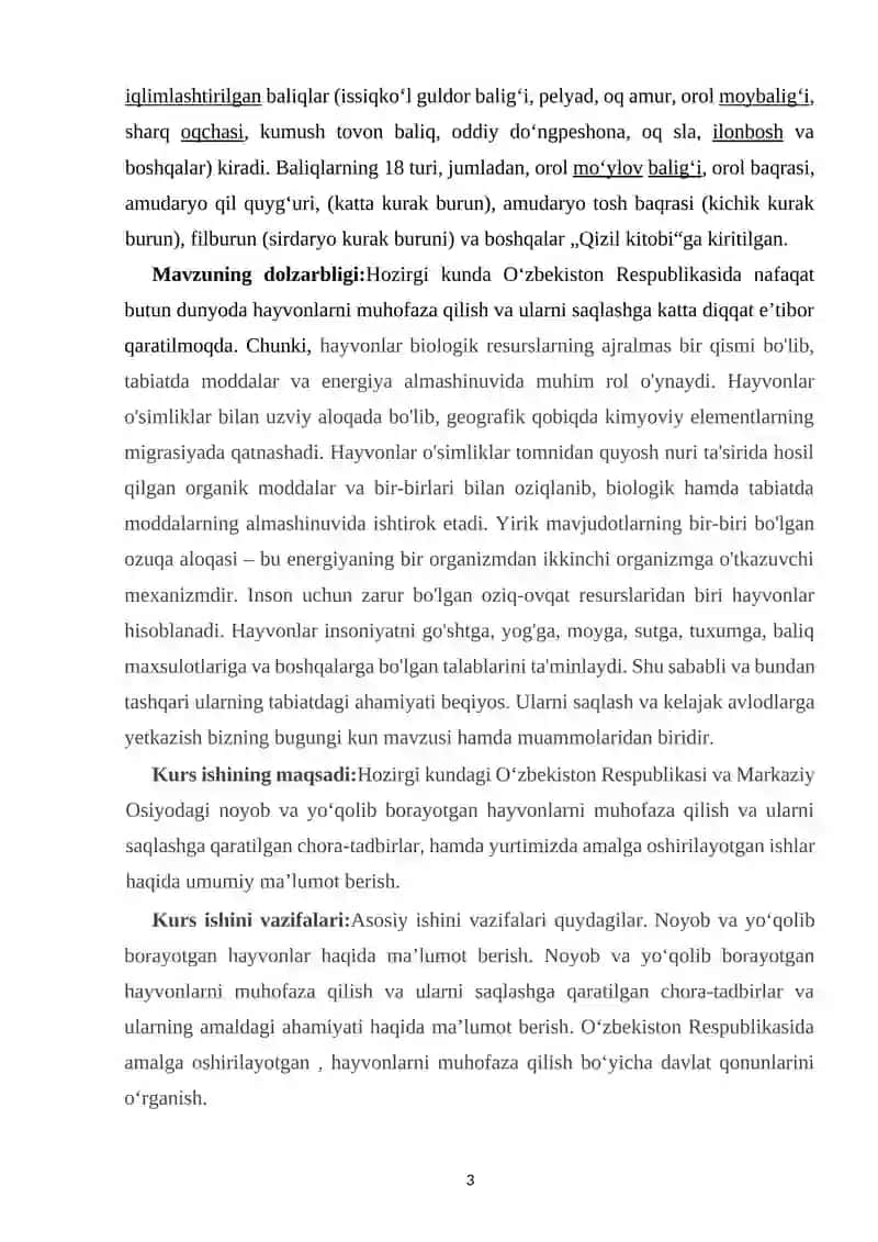 Zoologiya Oʻzbekiston hududiga oxirgi on yillikda kirib kelgan umurtqali hayvon ularning biologik xilma xillikga tasiri kurs ishi 3