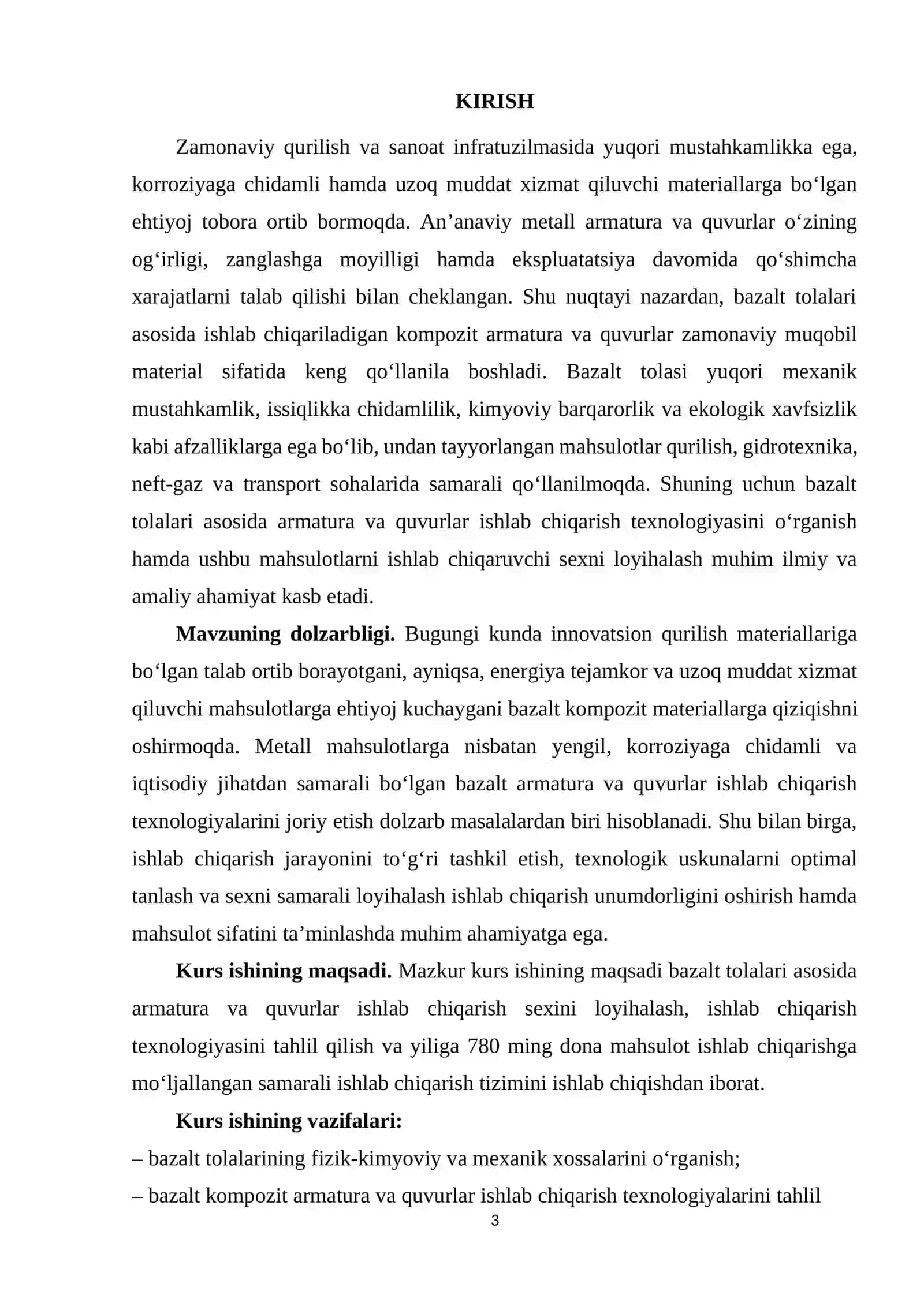 Bazalt tolalari asosida armatura va qovurlar ishlab chiqarish sehini loyihalash. Mahsuldorligi yiliga 780ming dona 3