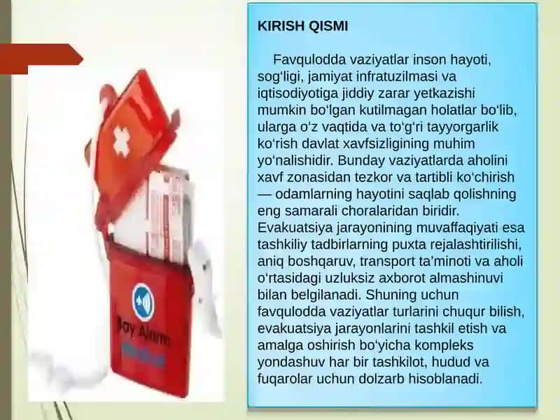 Favqulodda Vaziyatlarning Turlari va Ulardaaholini Ko'chirish(evakuatsiyaqilish) Tashkiliy Tadbirlari va Uni Amalga Oshirish 3