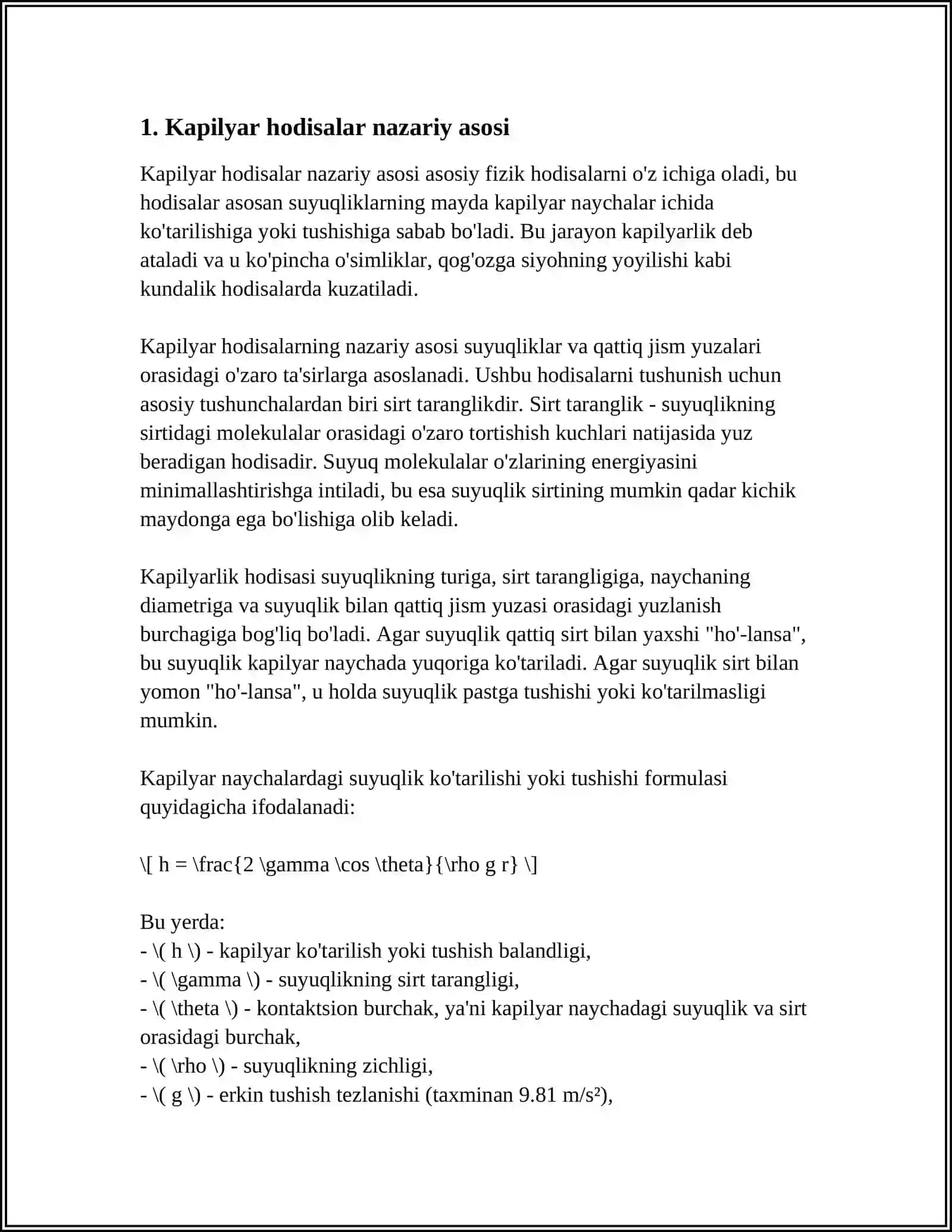 Ushbu ma'lumotlardan foydalanish holatda ho'llash. Kapilyar hodisalar mavzusiga 3