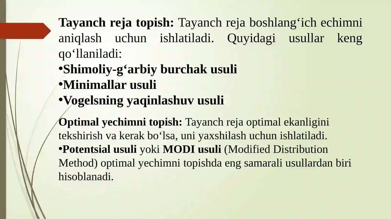 Transport masalasini tayanch va optimal yechimlarini topish usullari 3
