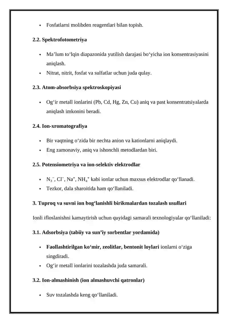 Tuproq va suvning ifloslanishida ion bog'lanishli brikmalarni aniqlab ulardan tozalash usulini ishlab chiqish 3