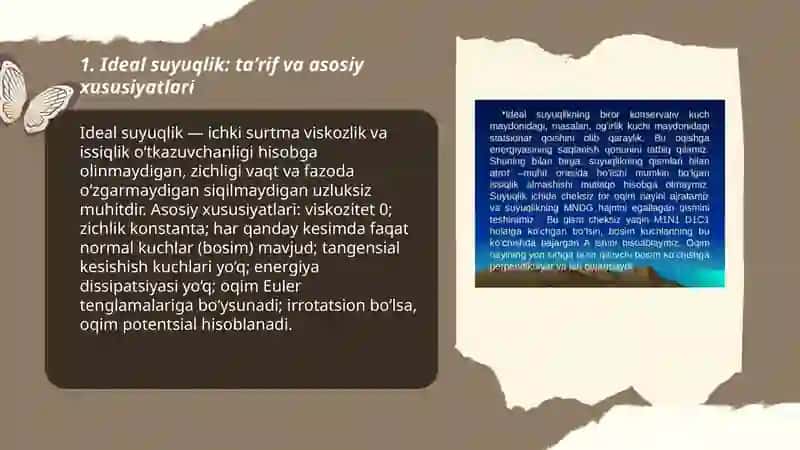 Ideal va yopishqoq suyuqlik.Siqilmaydigan suyuqlik gidrostikasi.Ideal suyuqlikning statsionar harakati. Bernulli tenglamasi. 3