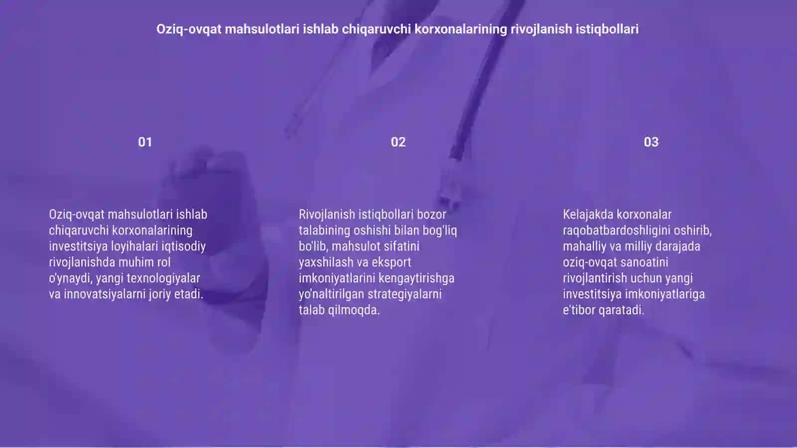 Oziq-ovqat mahsulotlari ishlab chiqaruvchi korxonalarining investitsiya loyihasi 3