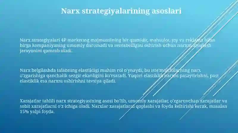 Bozorda narx belgilash strategiyalarining asoslari. Birinchi darajali narx belgilash strategiyasi 3