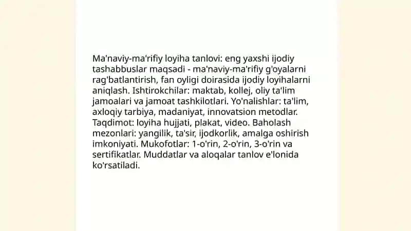 Ma'naviy-ma'rifiy loyiha tanlovi: eng yaxshi ijodiy tashabbuslar 3