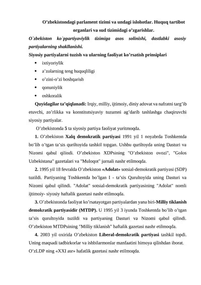 Milliy davlat boshqaruv tizimi. Mustaqil O’zbekistonda hokimiyatlar bo’linishi prinsipi. 3
