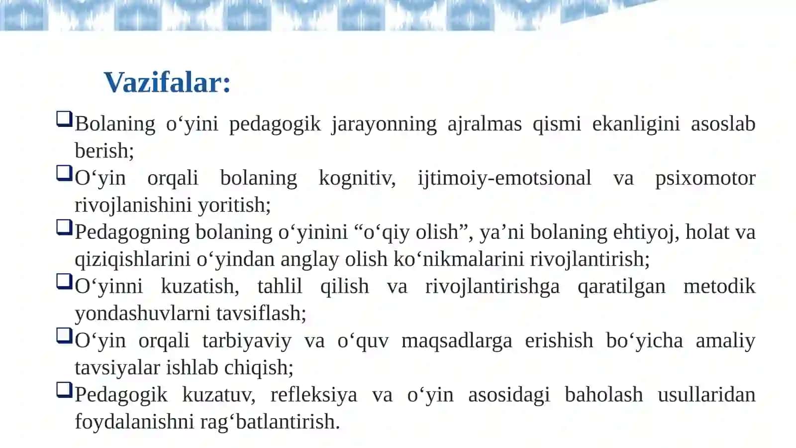 Maktabgacha yoshdagi bolalarni  rivojlantirishda innovatsion yondashuvlar–o‘yinga asoslangan  ta’lim 3