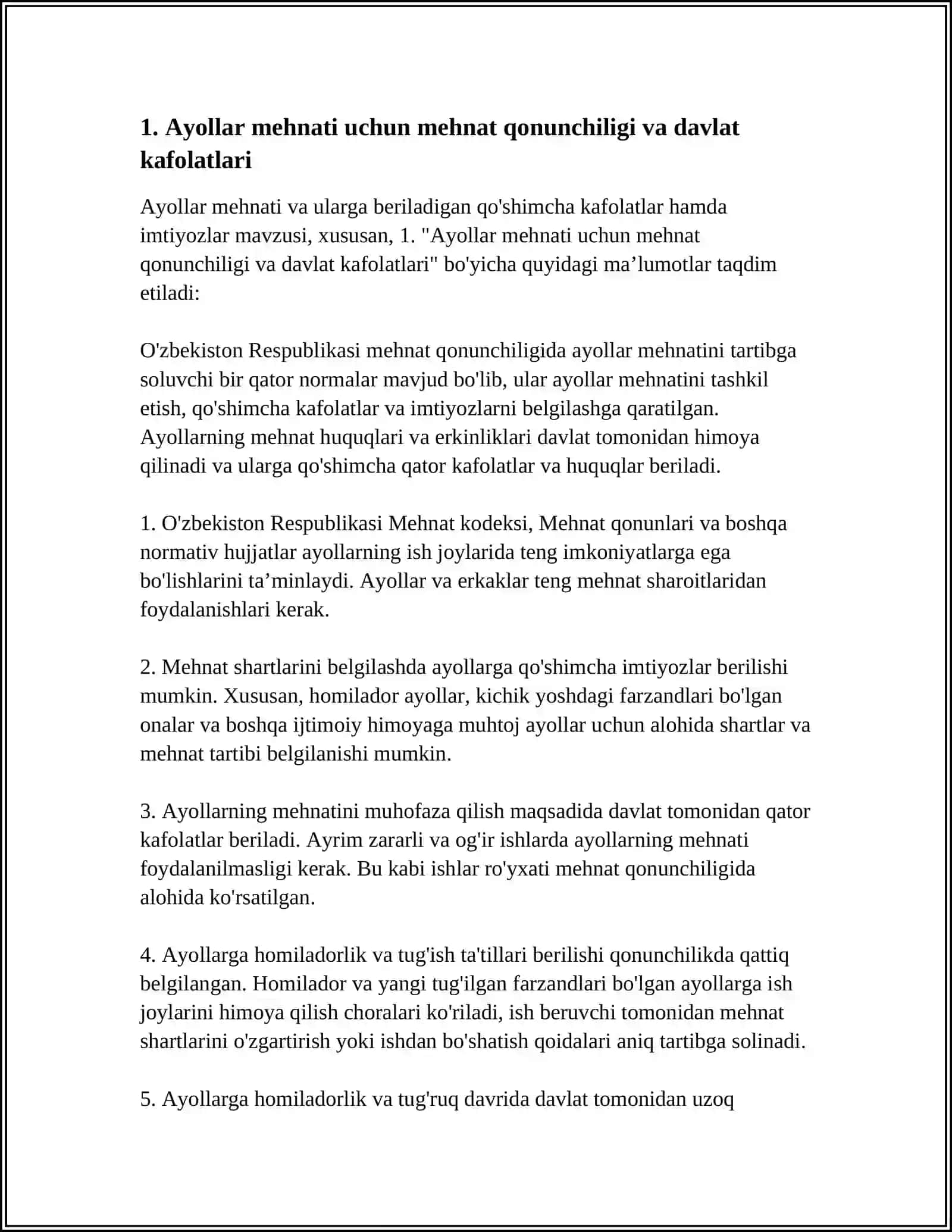 AYOLLAR MEHNATI VA ULARGA BERILADIGAN QO'SHIMCHA KAFOLATLAR HAMDA IMTIYOZLAR 3