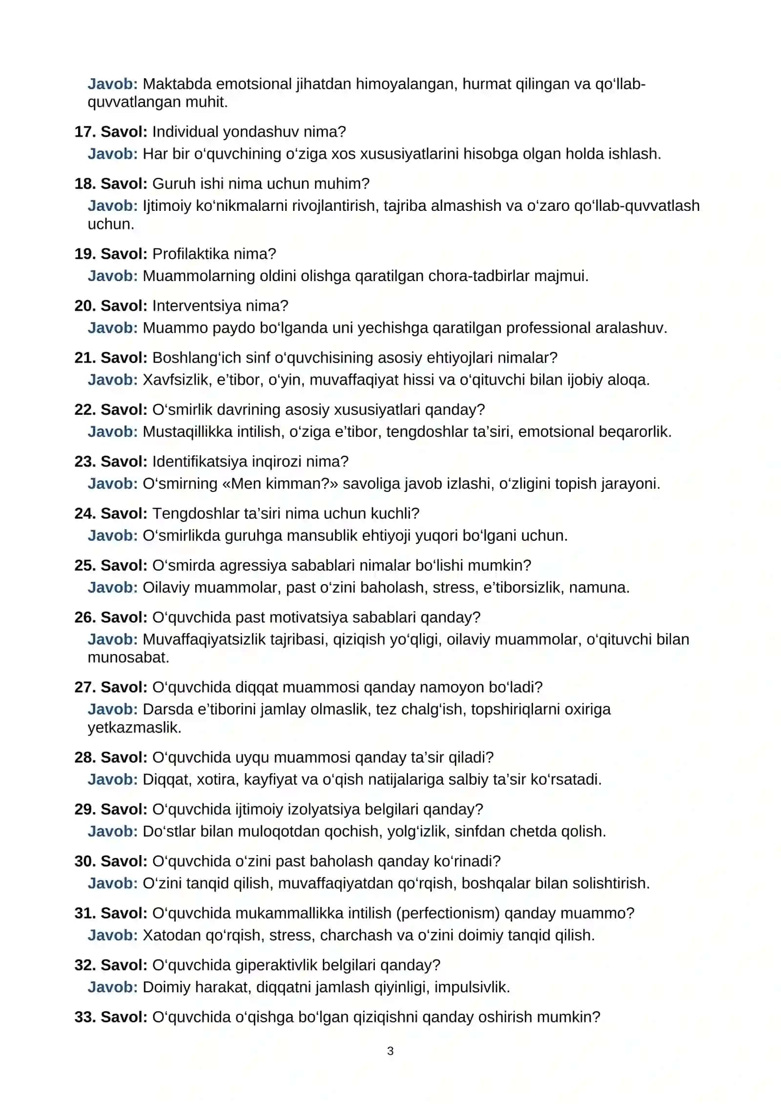 Maktab maslahatchisi: Test savol va javoblar 3