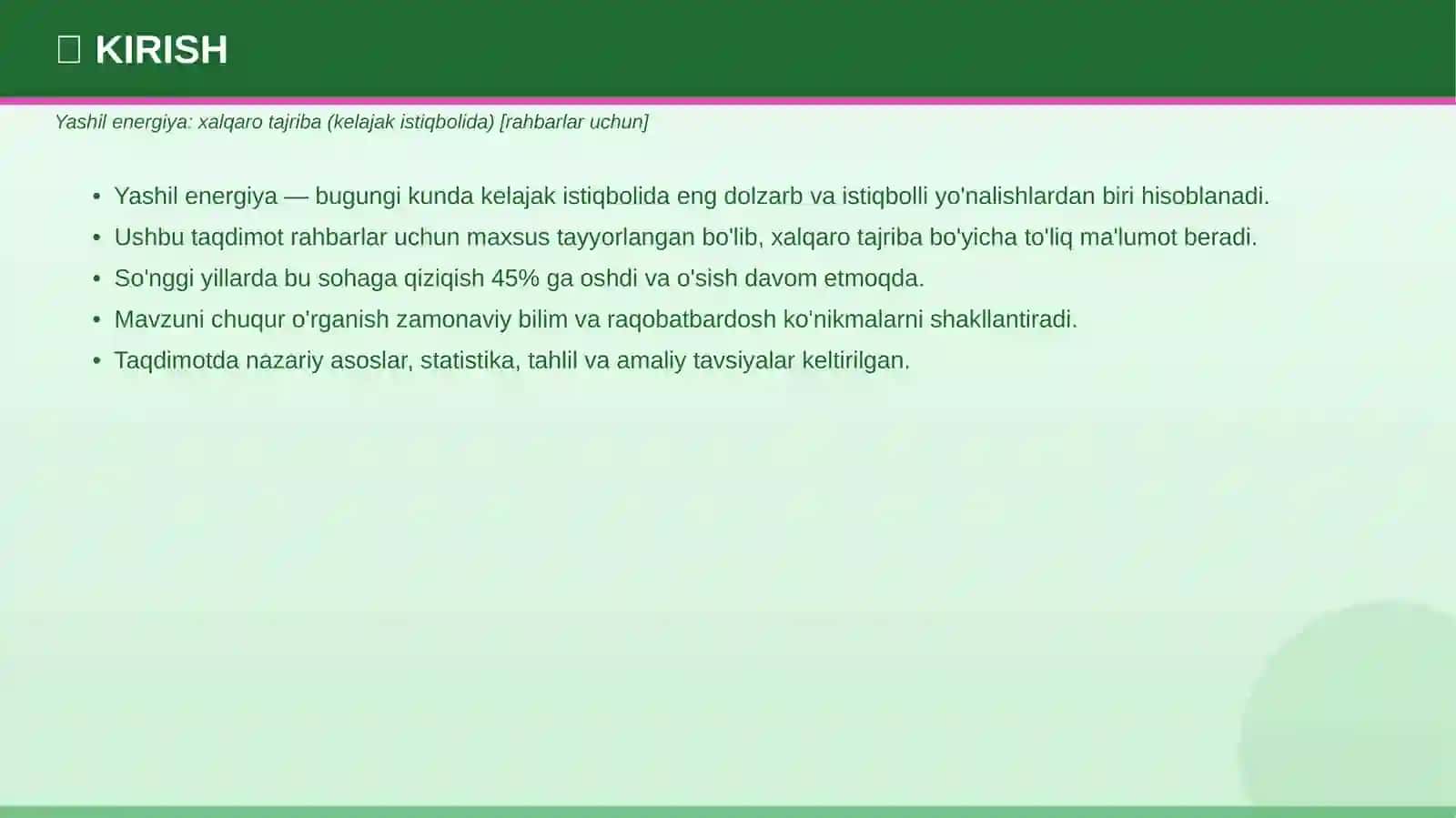 Yashil energiya: xalqaro tajriba (kelajak istiqbolida) [rahbarlar uchun] 3