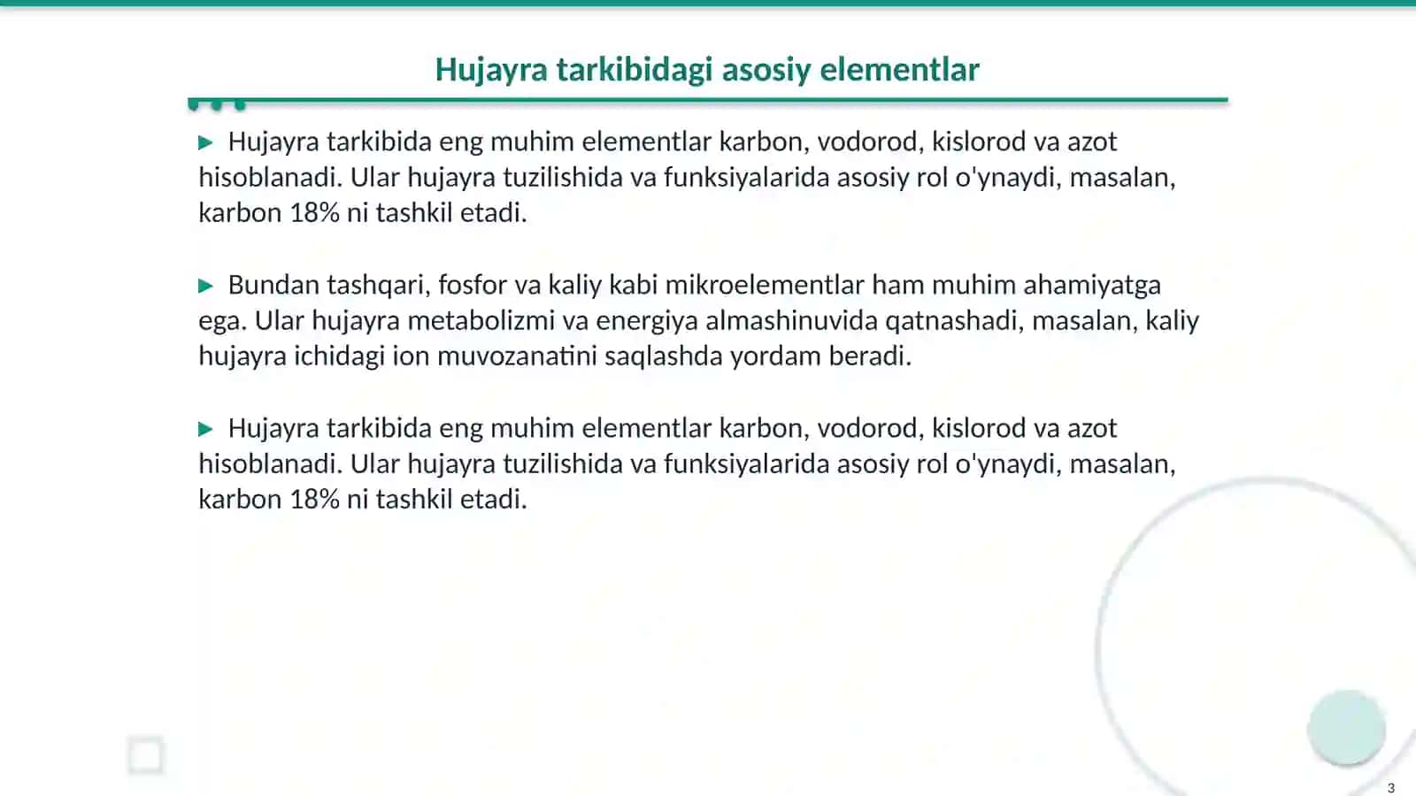 Hujayraning kimyoviy tarkibi Va asosiy zahira moddalari ularning metabolizimdagi ro’li 3