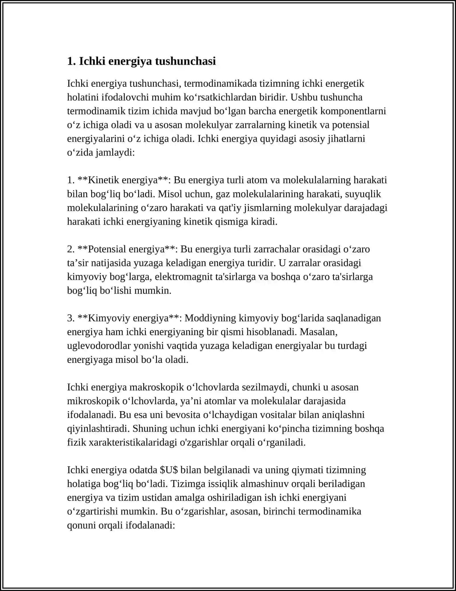 ICHKI ENERGIYA. ISSIQLIK VA ISH ENERGIYANI UZATISH SHAKLLARI EKANLIGI. ISHNING XILLARI. EKSTENSIVLIK VA INTENSIVLIK FAKTORLARI 3